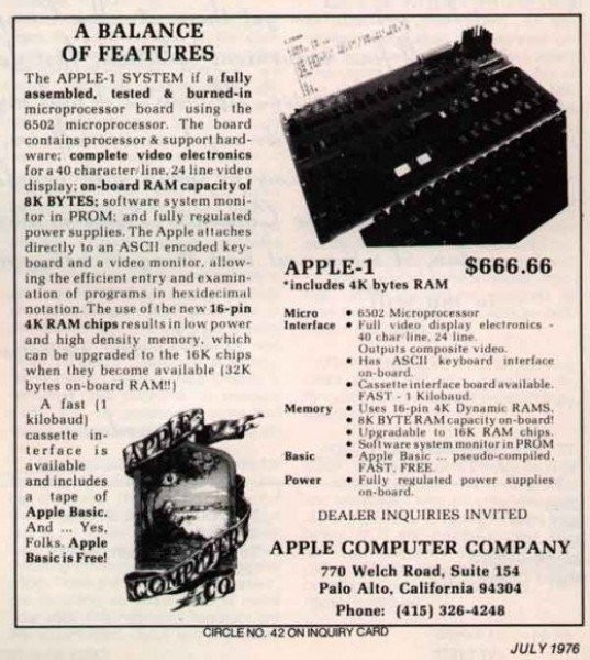 介紹蘋果Apple-1<a href=/pc/ target=_blank class=infotextkey>電腦</a>，該電腦定價666.66美元，1976年7月發(fā)布。