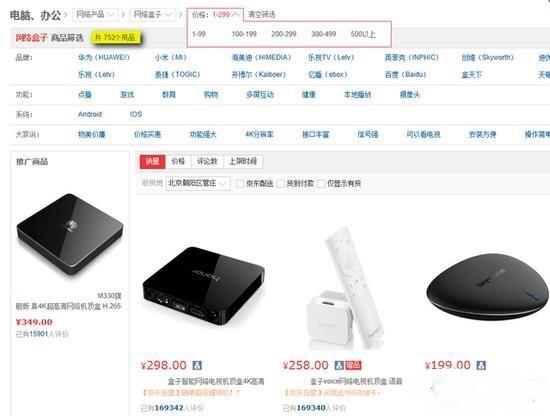 搜索300元以下價格的智能電視盒，數量達到了752款